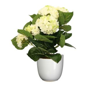 Hortensia kunstplant/kunstbloemen 36 cm - wit/groen - in pot wit glans