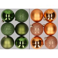 12x stuks kunststof kerstballen mix van appelgroen en koper 8 cm   -