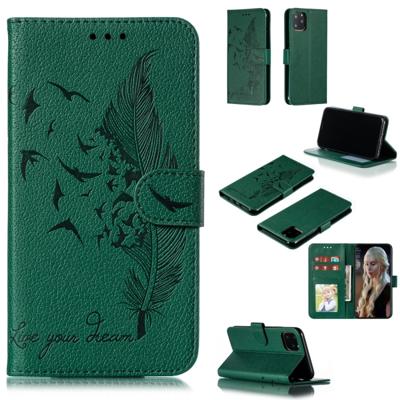 Feather patroon Litchi textuur horizontale Flip lederen draagtas met portemonnee & houder & kaartsleuven voor iPhone 11 Pro (groen)