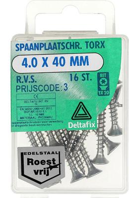 Sp.pl.schr.torx 4,0x40mm rvs 16st - Deltafix