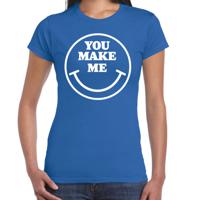 Verkleed T-shirt voor dames - you make me - smiley - blauw - carnaval - foute party - feestkleding