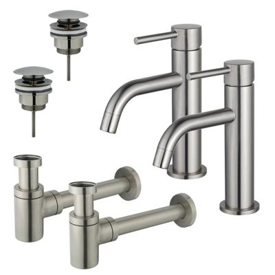 Fortifura Calvi Slim Wastafelkraanset - voor dubbele wastafel - lage wastafelkraan - klikwaste plug - verlaagde design sifon - Geborsteld RVS PVD (RVS) 2x SW377858/2x SW696201/2x SW696217
