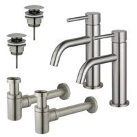 Fortifura Calvi Slim Wastafelkraanset - voor dubbele wastafel - lage wastafelkraan - klikwaste plug - verlaagde design sifon - Geborsteld RVS PVD (RVS) 2x SW377858/2x SW696201/2x SW696217