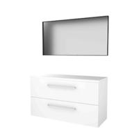 Basic-Line Framed 46 Badkamermeubelset - 120 x 46 cm - Met Grepen - 2 Lades - Wastafelblad - Spiegel met Zwart Aluminium Frame - Ice White