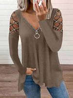 Loose Zipper Casual Plain T-Shirt - thumbnail