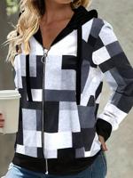 Bon&Bon Women's Plaid Gingham Drawstring Hoodie - Casual Zipper Jacket Black / S