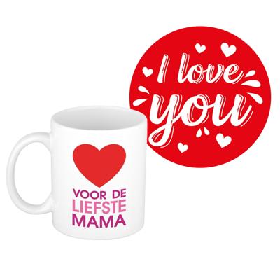 Liefste mama cadeau koffiemok - rood hartje - met I love you onderzetters - moederdag - verjaardag
