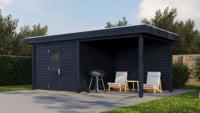 Lugarde Select Modern tuinhuis met overkapping Nunspeet 300x300cm + 300cm - Zwarte olie- Plat dak- - Lugarde Select