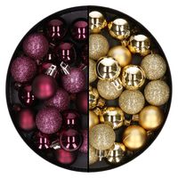 40x stuks kleine kunststof kerstballen aubergine paars en goud 3 cm   -