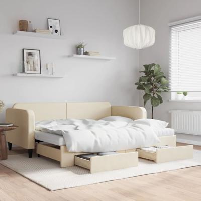 Slaapbank met onderschuifbed en lades 90x200 cm stof crèmekleur