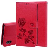 Rose reliëf horizontale Flip PU lederen case voor Galaxy A10 met houder & kaartsleuven & portemonnee (rood)