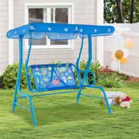 Kinder Hollywoodschommel 2-zits Kinderschommel met Verstelbaar Zonnescherm & Metalen Frame Blauw