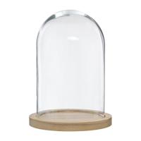Atmosphera Home decoratie glazen stolp op houten plateau - glas/lichtbruin - D15 x H24 cm - Decoratieve stolpen - thumbnail