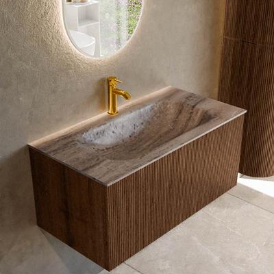 Badmeubel Mondiaz Kurve-Dlux | 90 cm | Meubelkleur Walnut | Wastafelkleur Oza | Solid surface | Wasbak midden spoelbak | 1 kraangat