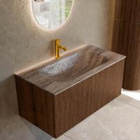 Badmeubel Mondiaz Kurve-Dlux | 90 cm | Meubelkleur Walnut | Wastafelkleur Oza | Solid surface | Wasbak midden spoelbak | 1 kraangat