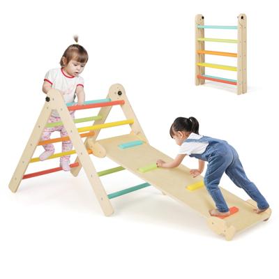 4 in 1 Montessori Opvouwbare Klimdriehoek met Dubbelzijdige Leuning Vurenhouten Driehoekige Klimladder met Verstelbare Hoogte Kleurrijk