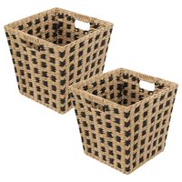 Gevlochten rieten opbergmand - 4x - vierkant - beige/zwart 31 x 31 x 31 cm