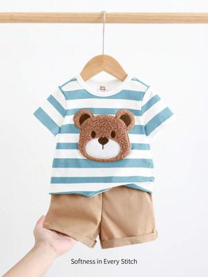 Bon&Bon 2pcs/Set Baby Boy Casual Bear Graphic Colorful Striped Short Sleeve Top And Shorts Set Blue / 18-24M