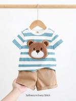 Bon&Bon 2pcs/Set Baby Boy Casual Bear Graphic Colorful Striped Short Sleeve Top And Shorts Set Blue / 18-24M