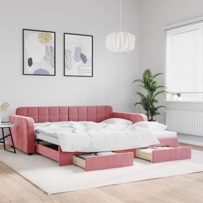 Slaapbank met onderschuifbed en lades 100x200 cm fluweel roze