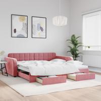 Slaapbank met onderschuifbed en lades 100x200 cm fluweel roze