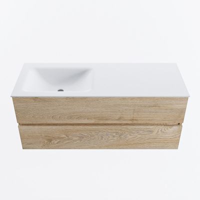 MONDIAZ VICA 120cm badmeubel onderkast Washed Oak 2 lades. Wastafel CLOUD links zonder kraangat, kleur Talc.