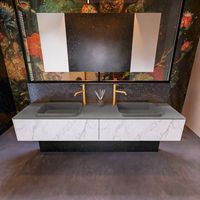Badkamermeubelset Mondiaz Erin 200 cm met 2 Lades met RIDGE Wastafel Dubbel Dark grey met 2 kraangaten Greeploos Mat Carrara