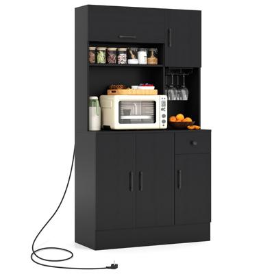 167 cm Hoge Voorraadkast met Opzet en Stopcontacten Keukenkast met Stijlglashouder Zwart