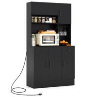 167 cm Hoge Voorraadkast met Opzet en Stopcontacten Keukenkast met Stijlglashouder Zwart