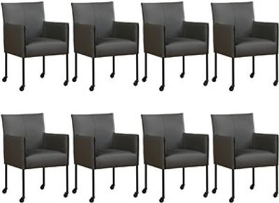 Set van 8 Donkergrijze leren moderne kuipstoel More - poot rond zwart met wiel - Hermes Leer Antracite (donkergrijs leer)