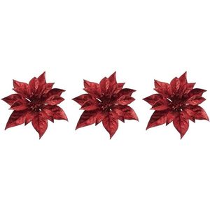 3x Kerstboomversiering bloem op clip rode kerstster 18 cm