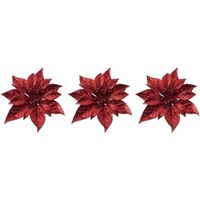 3x Kerstboomversiering bloem op clip rode kerstster 18 cm