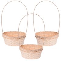 3x stuks gevlochten mandjes/paasmandjes bamboe rond met hengsel 38 cm