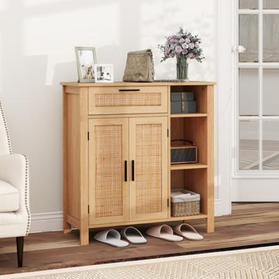 Houten Dressoir met Rotan Gevlochten Deuren en Lades Buffetkast Keukenkast Keukenbuffet