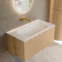Mondiaz KURVE 90 cm Onderkast Greeploos 1 Lade Zonder Deuren Oak, Wastafel Solid Surface Midden Talc 0 Kraangaten Zonder Spiegel (KRVBGS901L0D0KM-Oak/Tal)