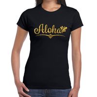 Aloha gouden glitter hawaii t-shirt zwart dames - thumbnail