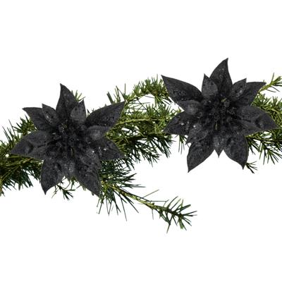 Decoratie bloem - 2x stuks - kerstster - op clip - zwart - glitter -15 cm - kunststof - kerstversier