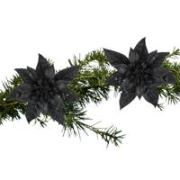 Decoratie bloem - 2x stuks - kerstster - op clip - zwart - glitter -15 cm - kunststof - kerstversier