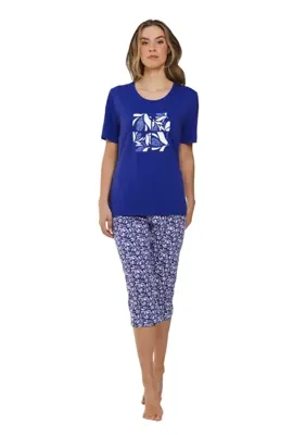 Dames capri pyjama - Shortama - Donkerblauw zomer pyjama dames driekwart broek - Korte mouwen