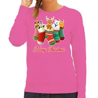 Foute Kersttrui - sweater - kerstsokken met diertjes - Merry Christmas - roze - voor dames