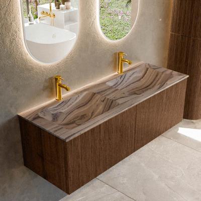 Badmeubel Mondiaz Kurve-Dlux | 130 cm | Meubelkleur Walnut | Wastafelkleur Sombra | Solid surface | Wasbak beide zijden spoelbak | 2 kraangaten