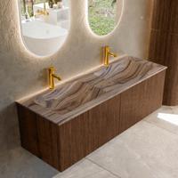 Badmeubel Mondiaz Kurve-Dlux | 130 cm | Meubelkleur Walnut | Wastafelkleur Sombra | Solid surface | Wasbak beide zijden spoelbak | 2 kraangaten