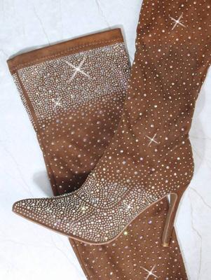 Bon&Bon Brown Rhinestone Over The Knee Boots | Kitten Heel Party Brown / US7.5