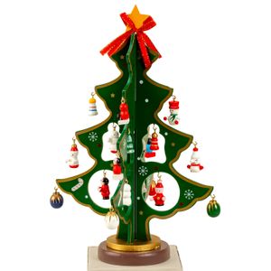 Klein decoratie kerstboompje - groen - met hangers - H25 cm - hout