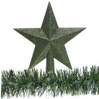 Kerstboom piek - ster - donkergroen - 19 cm - met kerstslinger - kunststof - thumbnail