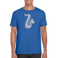 Zilveren saxofoon / muziek t-shirt / kleding blauw heren