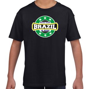 Have fear Brazil is here / Brazilie supporter t-shirt zwart voor kids