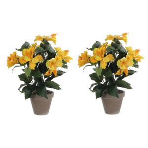 2x stuks hibiscus kunstplanten geel in grijze pot H40 x D30 cm