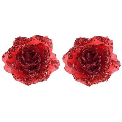 2x Rode glitter roos met clip