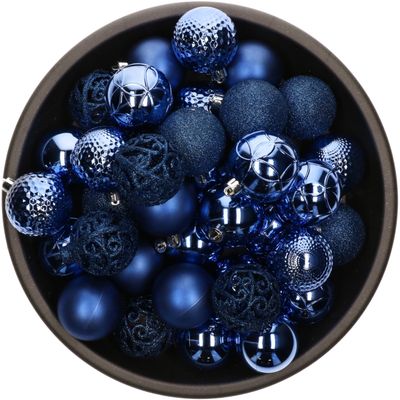 37x stuks kunststof kerstballen kobalt blauw 6 cm glans/mat/glitter mix